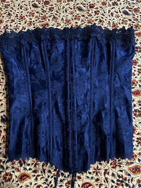 Navy Floral Jacquard Lace-Trim Corset Top